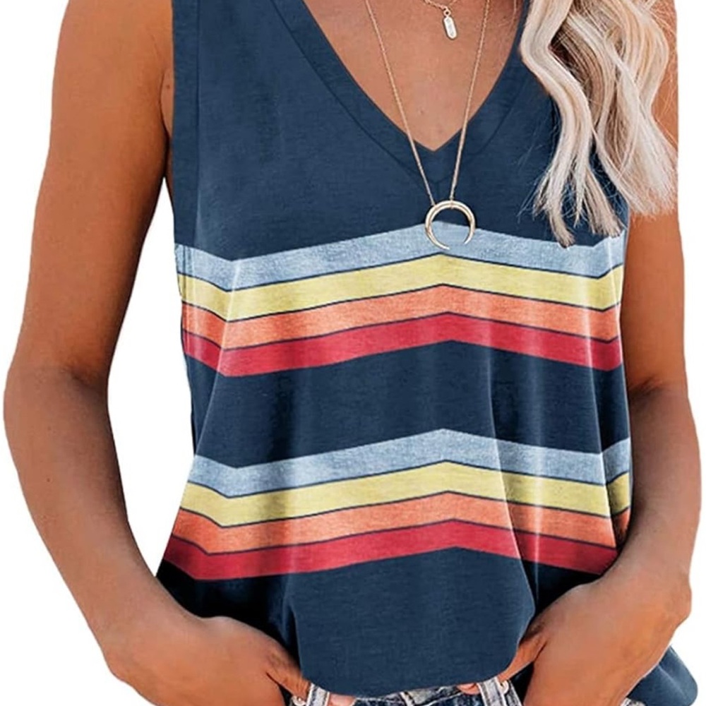 White and Red Sleeveless Tank Top with Chevron Stripes
